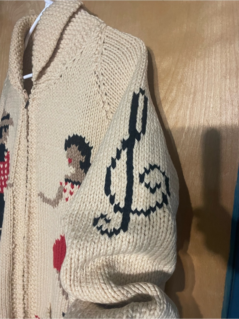VINTAGE HANDMADE Knit Zip Cardigan with Dancing Couples and Red Accents - Picture 3 of 8
